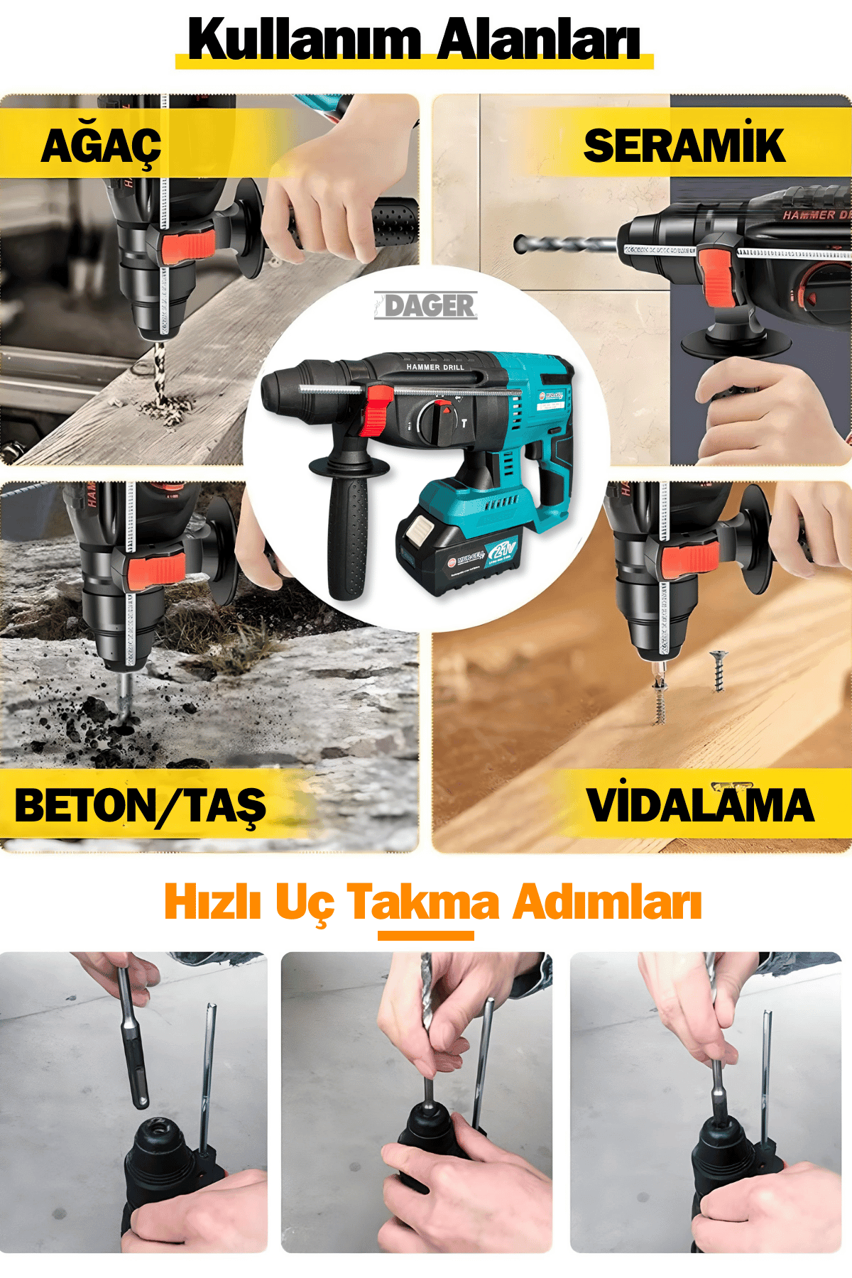 Dager DGR-4144 Kömürsüz 21 V 3 Ah Çift Akülü Şarjlı 3 Fonksiyon Kırıcı-Delici Hilti Matkap Setli + Pas Sökücü