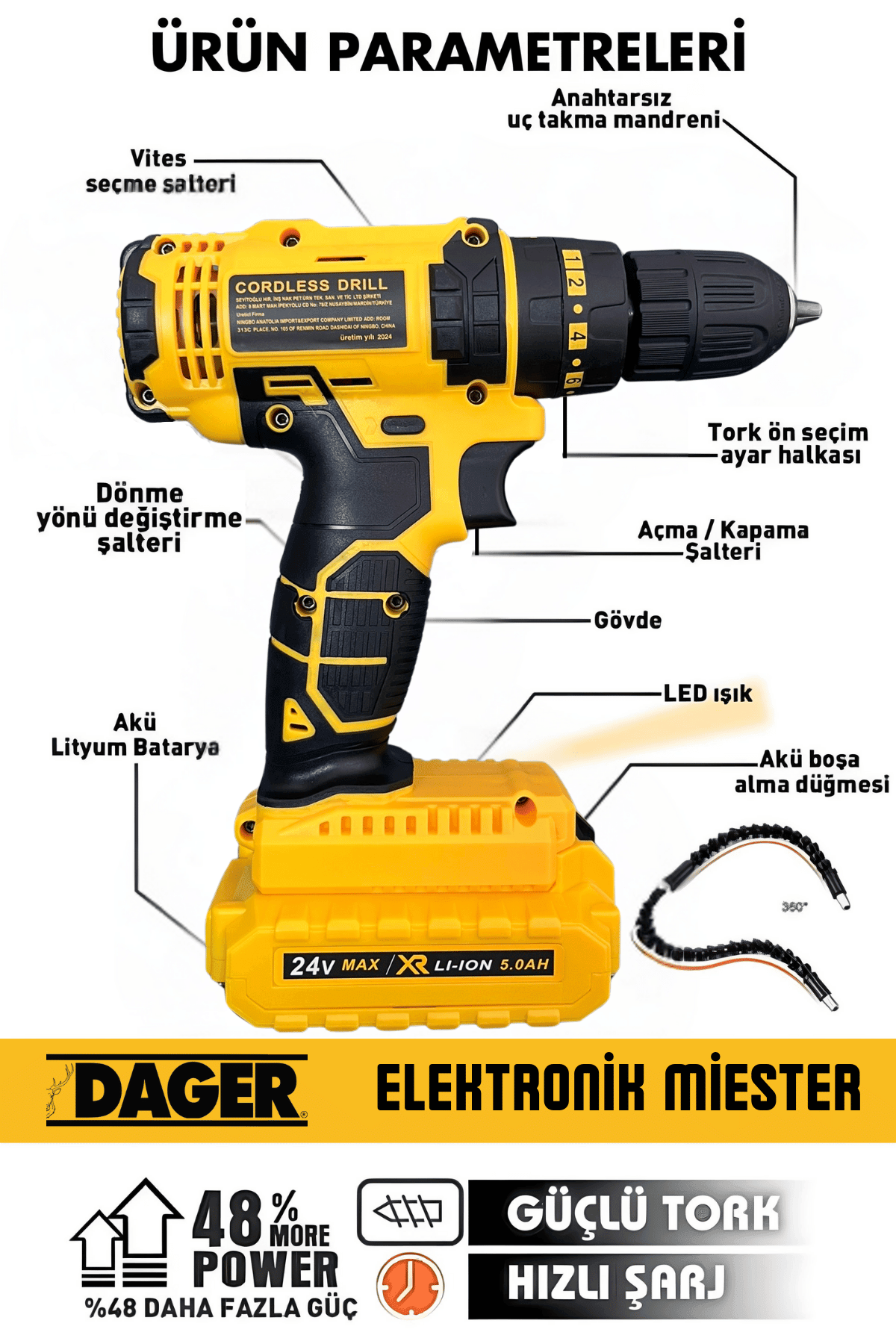 Dager Mark II Darbeli Matkap 24 V 5 Ah Metal Şanzıman Çift Akülü Şarjlı Matkap Vidalama 24 Parça Set + Pas Sökücü