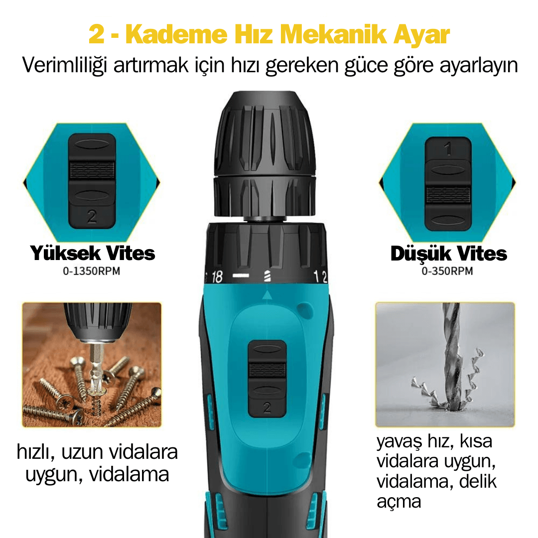 Dager Şarjlı Matkap 21 V 1.3 Ah Lion Armut Batarya Metal Şanzıman Çift Akülü Vidalama 24 Parça Set + Pas Sökücü Hediye