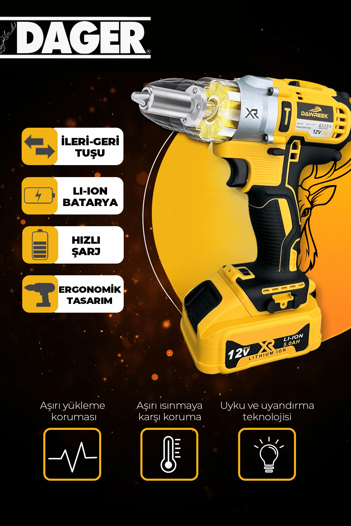 Dager Mark III Vidalama Matkap 12 V 5 Ah Çelik Mandren Çift Akülü Şarjlı Matkap Vidalama 50 Parça Set + Pas Sökücü