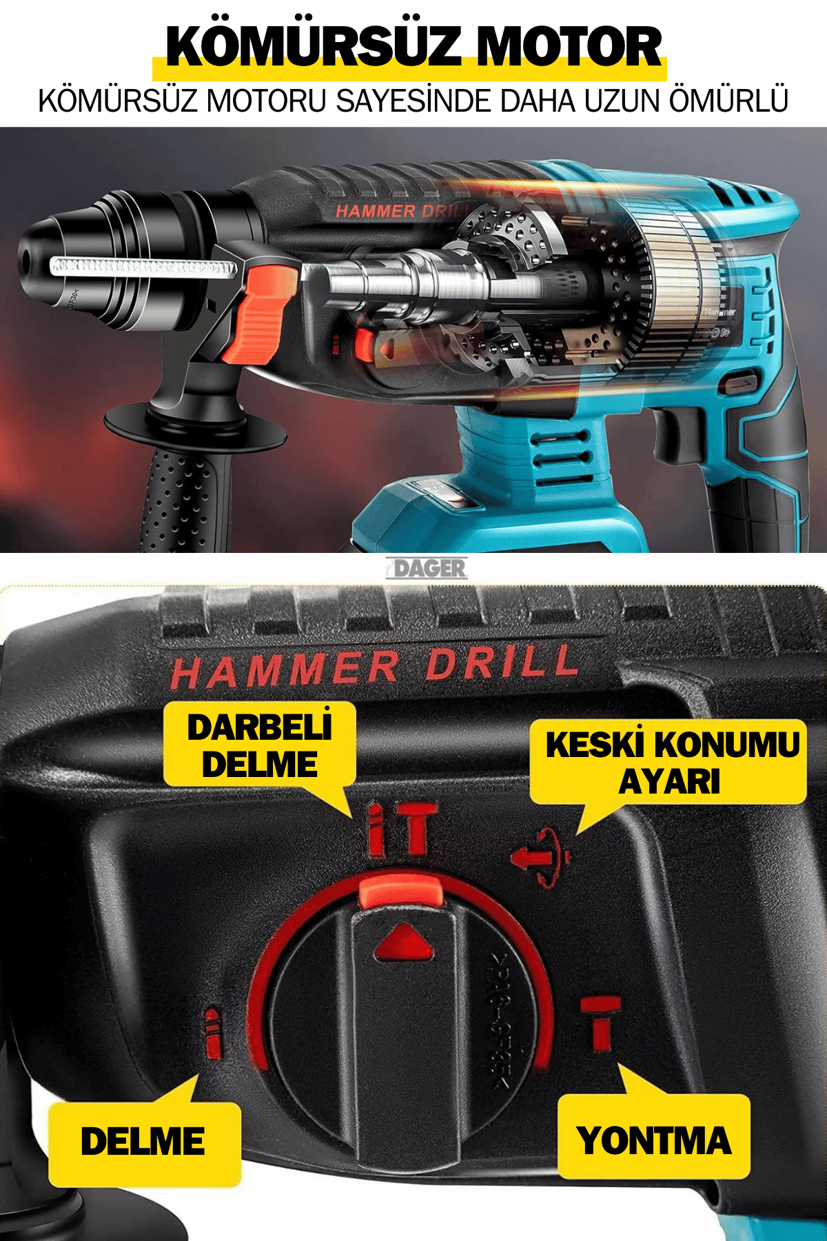 Dager DGR-4144 Kömürsüz 21 V 3 Ah Çift Akülü Şarjlı 3 Fonksiyon Kırıcı-Delici Hilti Matkap Setli + Pas Sökücü