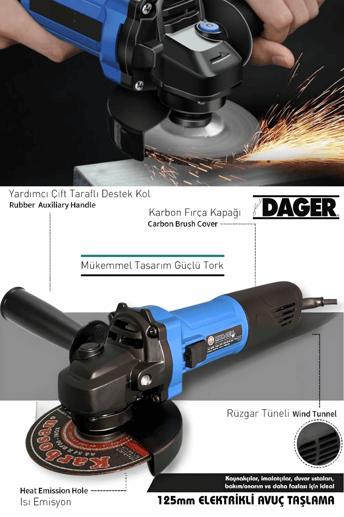 Dager DS 1100 W Bakır Sargılı 115 Mm Spiral Avuç Kesme Ve Taşlama Makinesi İnox ve Sunta Kesme Hediye