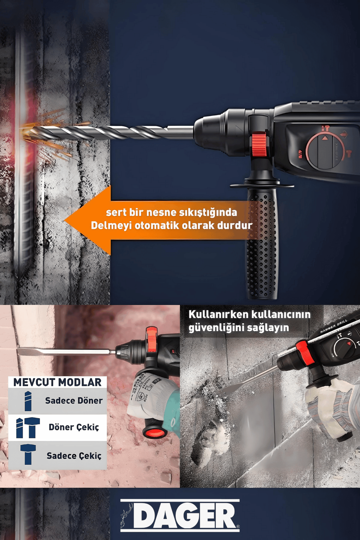 Dager GBH 2-28 Çelik Şanzıman Bakır Sargılı 900 W Kırıcı Delici Hilti Matkap + 5 Adet Uç Yedek Çelik Mandren Pas Sökücü Hediye