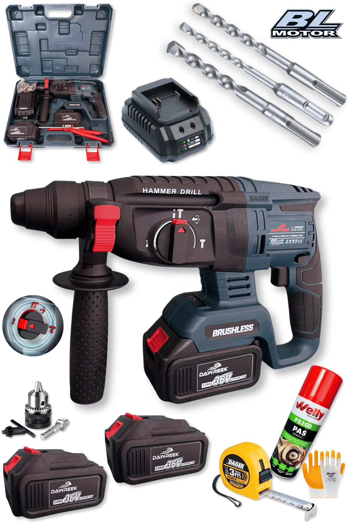 Dager DGR-4140 Kömürsüz 36 V 5 Ah Çift Akülü Şarjlı 3 Fonksiyon Kırıcı-Delici Hilti Matkap Setli + Pas Sökücü