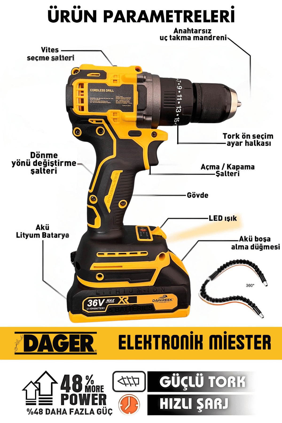 Dager DGR-4111 Kömürsüz 36 V 5 Ah Darbeli Matkap Çelik Mandren Çift Akülü Şarjlı Matkap Vidalama 30 Parça Set + Pas Sökücü