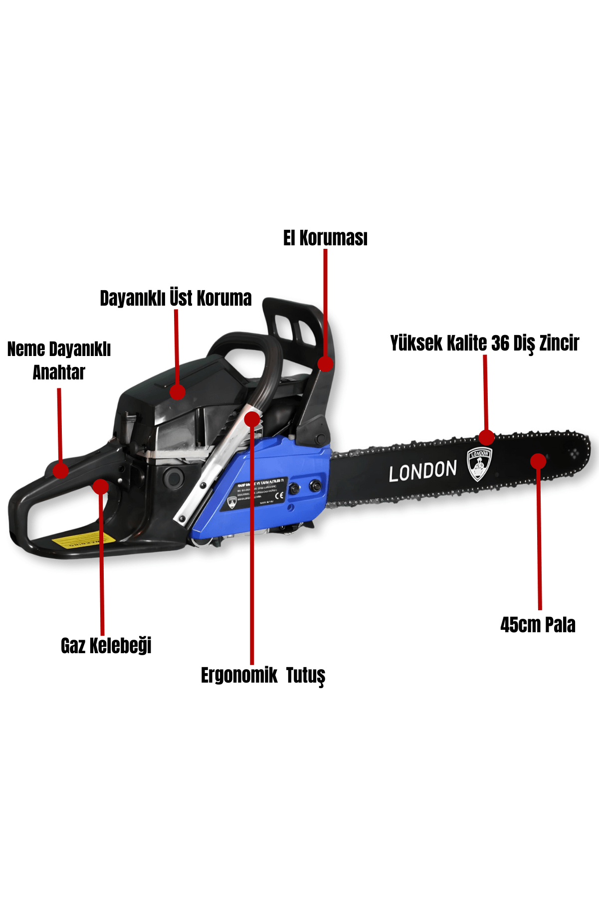 Dager CS4500 Benzinli Testere 2.5 Hp Çift Egzozlu 45cc Ağaç Odun Dal Kesme Makinesi Motorlu Testere + Yedek Zincir