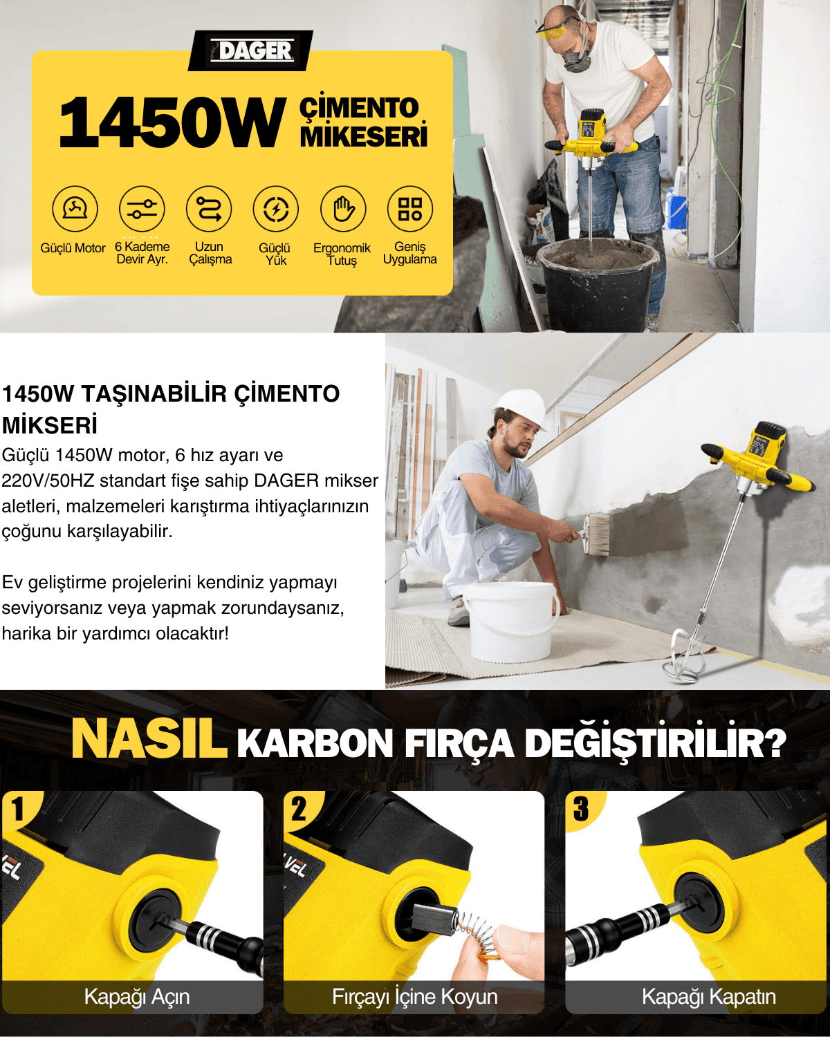 Dager 3017 Bakır Sargılı 1450 W 6 Kademe Devir Ayarlı Elektirikli Alçı Boya Ve Harç Karıştırıcı Mikser