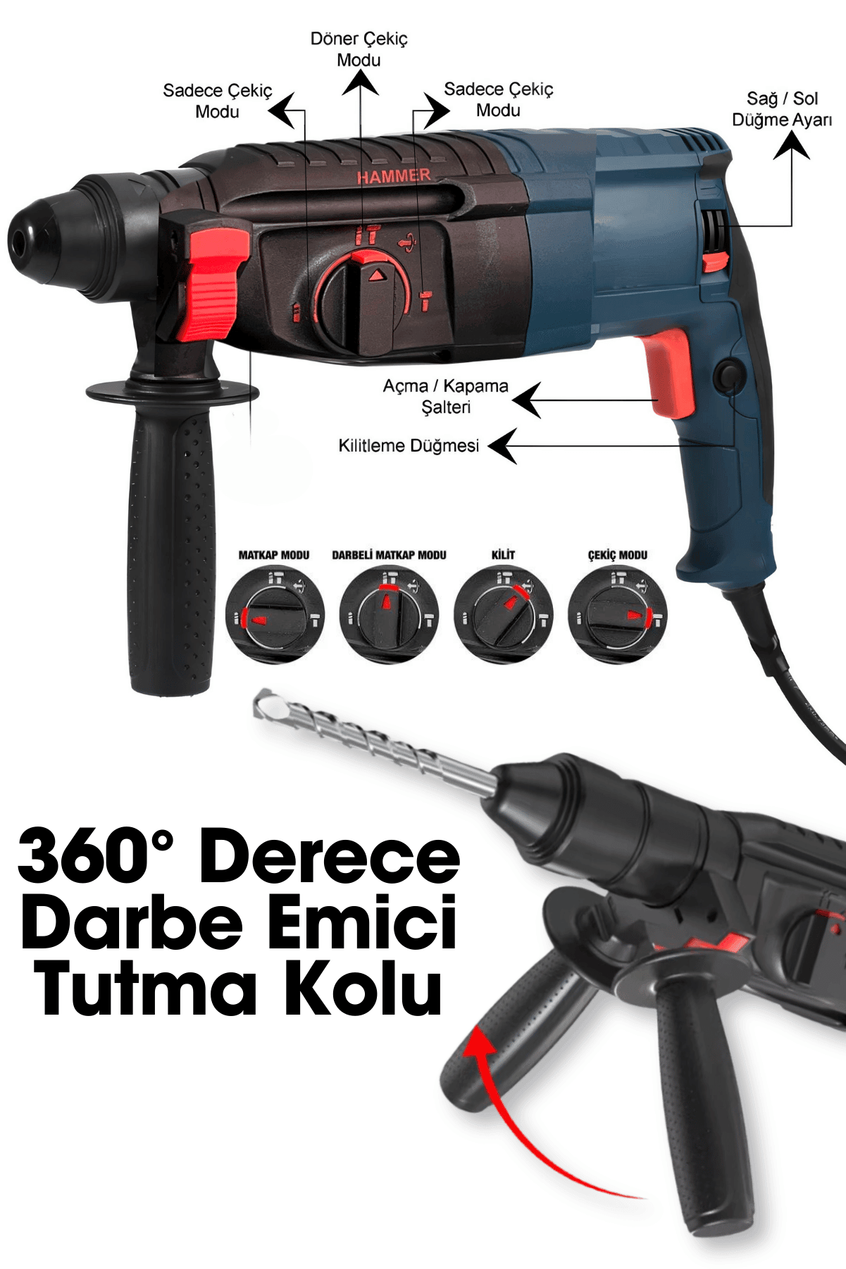 Dager GBH 2-26 Çelik Şanzıman Bakır Sargılı 800 W Kırıcı Delici Hilti Matkap + 5 Adet Uç Yedek Çelik Mandren Pas Sökücü Hediye