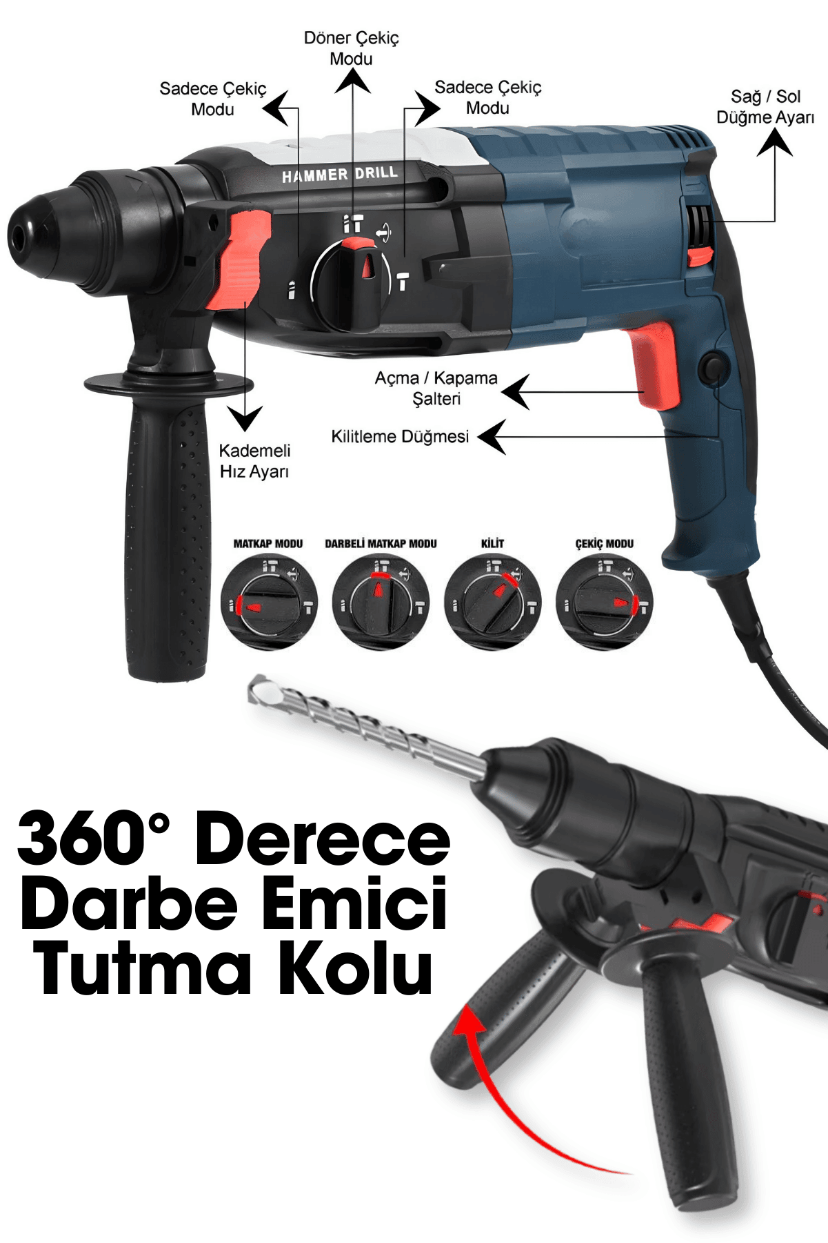 Dager GBH 2-28 Çelik Şanzıman Bakır Sargılı 900 W Kırıcı Delici Hilti Matkap + 5 Adet Uç Yedek Çelik Mandren Pas Sökücü Hediye