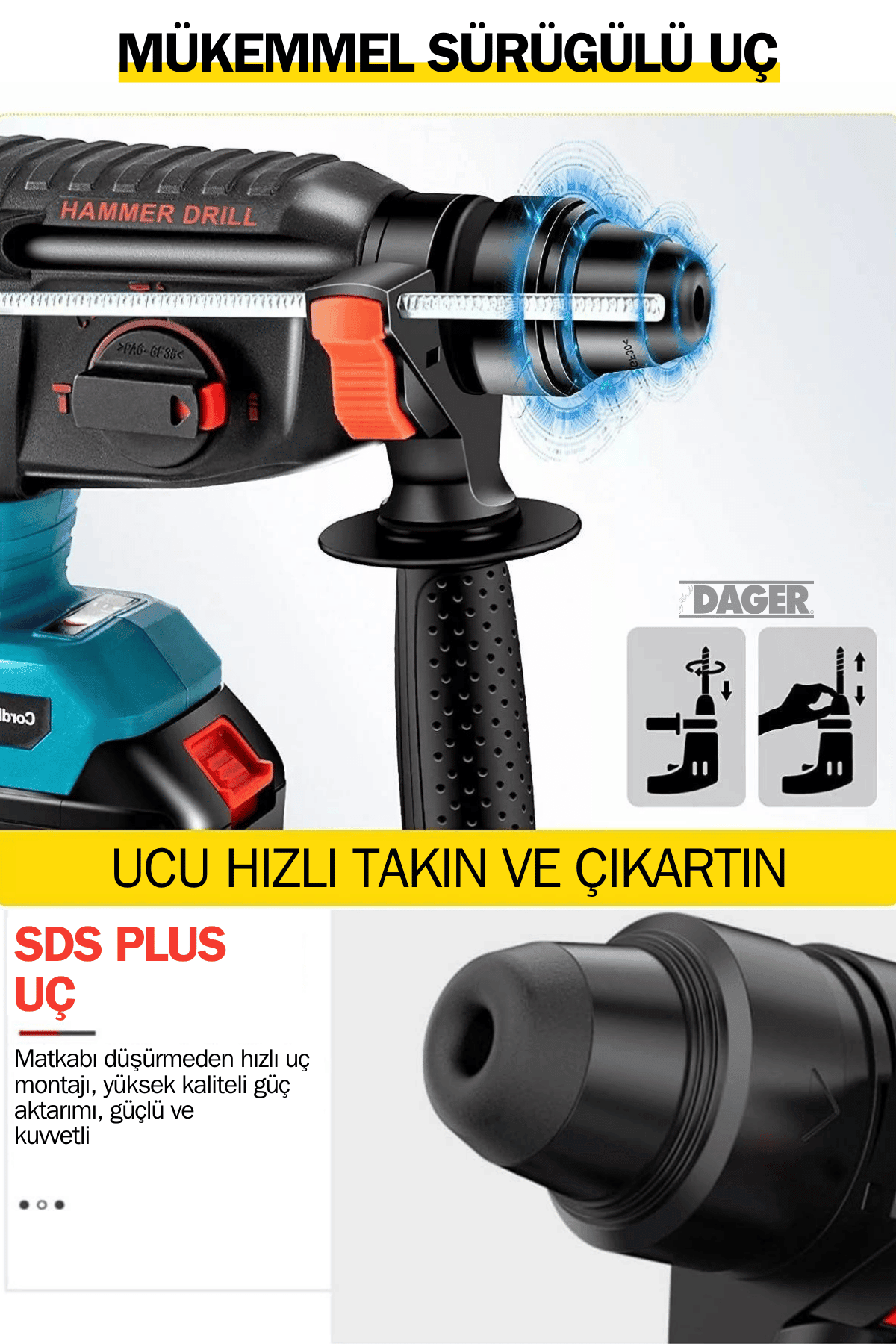 Dager DGR-4140 Kömürsüz 36 V 5 Ah Çift Akülü Şarjlı 3 Fonksiyon Kırıcı-Delici Hilti Matkap Setli + Pas Sökücü