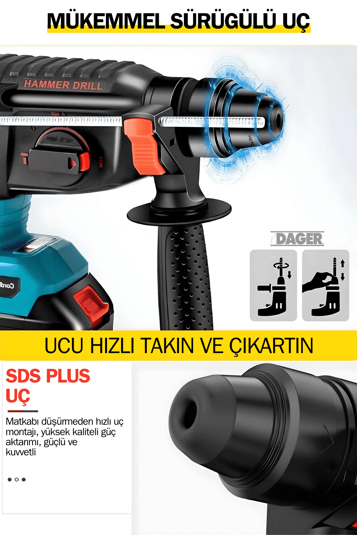 Dager DGR-4144 Kömürsüz 21 V 3 Ah Çift Akülü Şarjlı 3 Fonksiyon Kırıcı-Delici Hilti Matkap Setli + Pas Sökücü