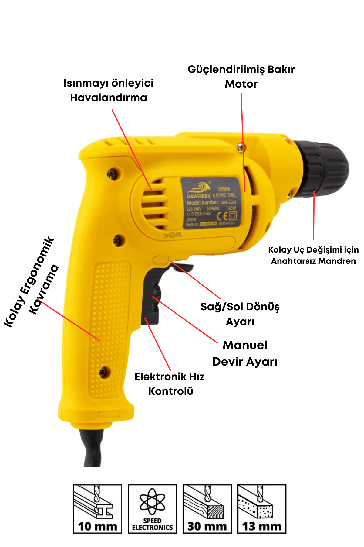 Dager DGR-5710 Darbesiz Matkap 580 W Metal Şanzıman Devir Ayarlı 10mm Elektrikli Matkap Vidalama Setli + Pas Sökücü