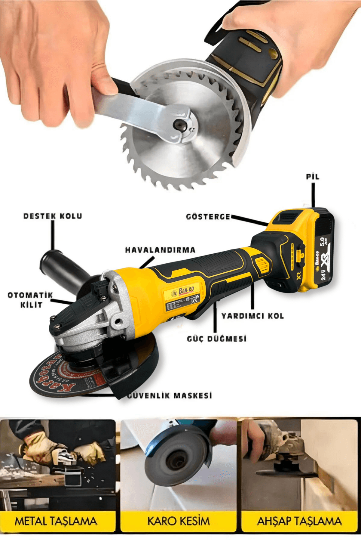 Dager EQS 24 V 5 Ah Çift Akülü Kömürsüz Motor 115mm Şarjlı Avuç Taşlama Makinesi - İnox Kesici ve Sunta Kesme Hediye
