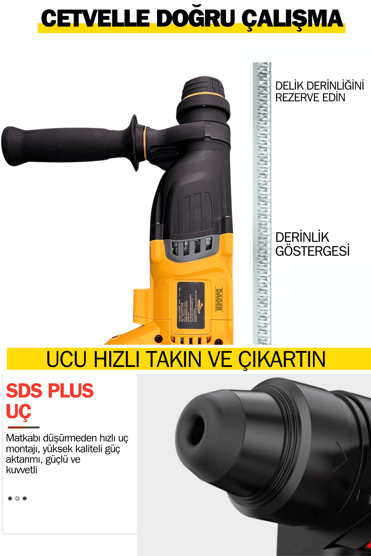 Dager DGR-5142 Kömürsüz 36 V 5 Ah Çift Akülü Şarjlı 3 Fonksiyon Kırıcı-Delici Hilti Matkap Setli + Pas Sökücü