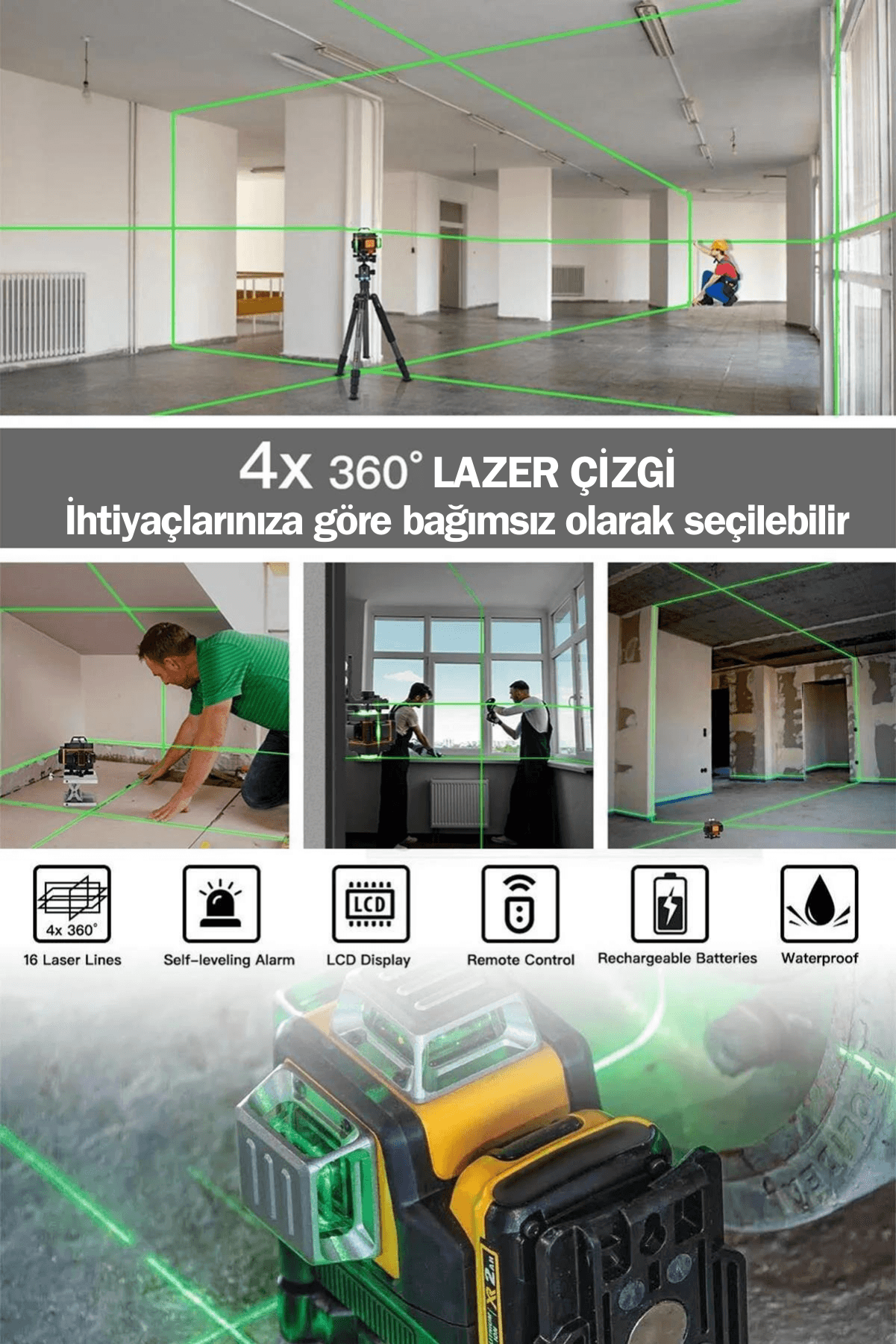 Dager 360° 12 Köşe Otomatik Hizalamalı Lazer Metre Hizalama Yeşil Çizgili Lazer Hizalama Su Terazili + Tripod