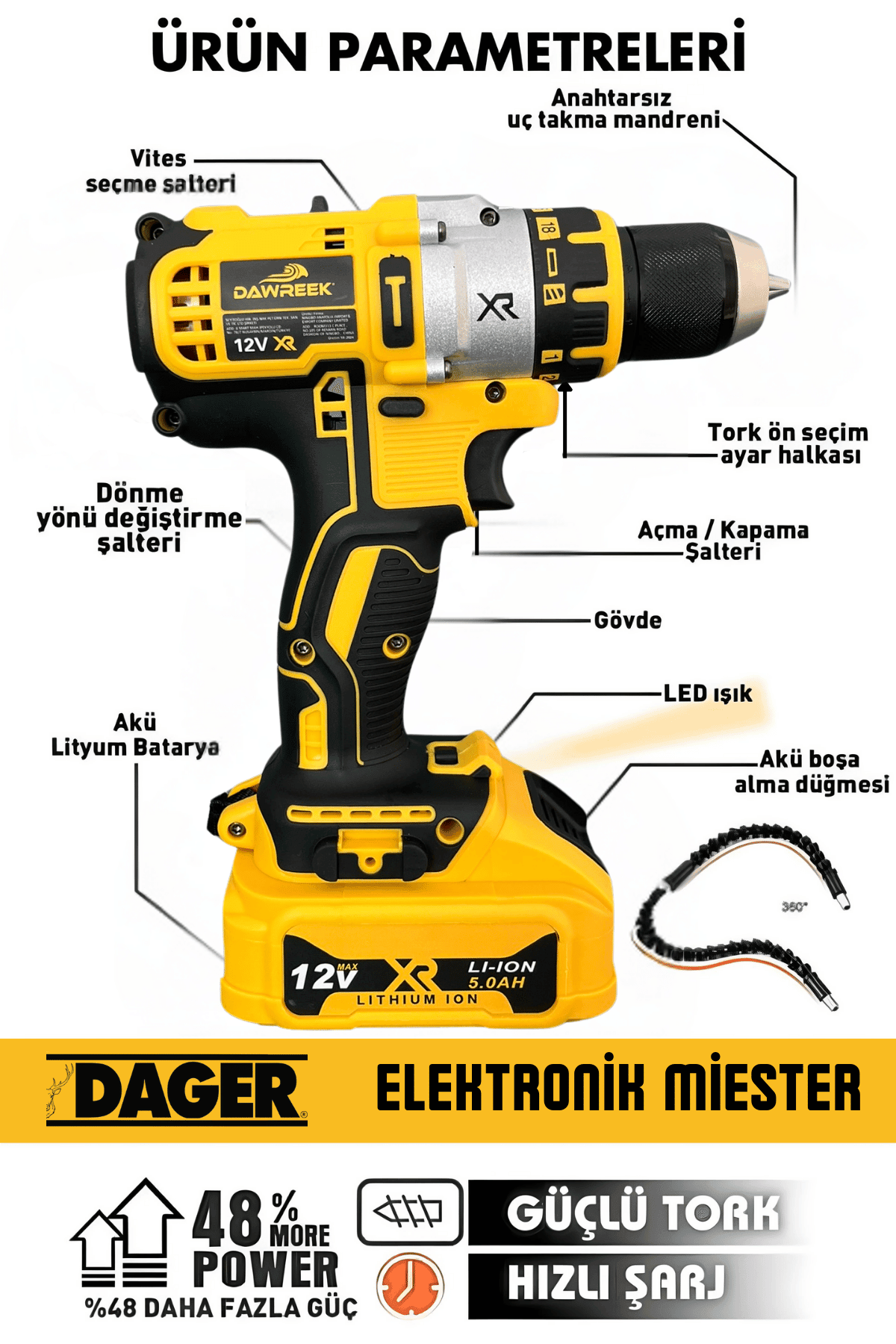 Dager Mark III Vidalama Matkap 12 V 5 Ah Çelik Mandren Çift Akülü Şarjlı Matkap Vidalama 50 Parça Set + Pas Sökücü