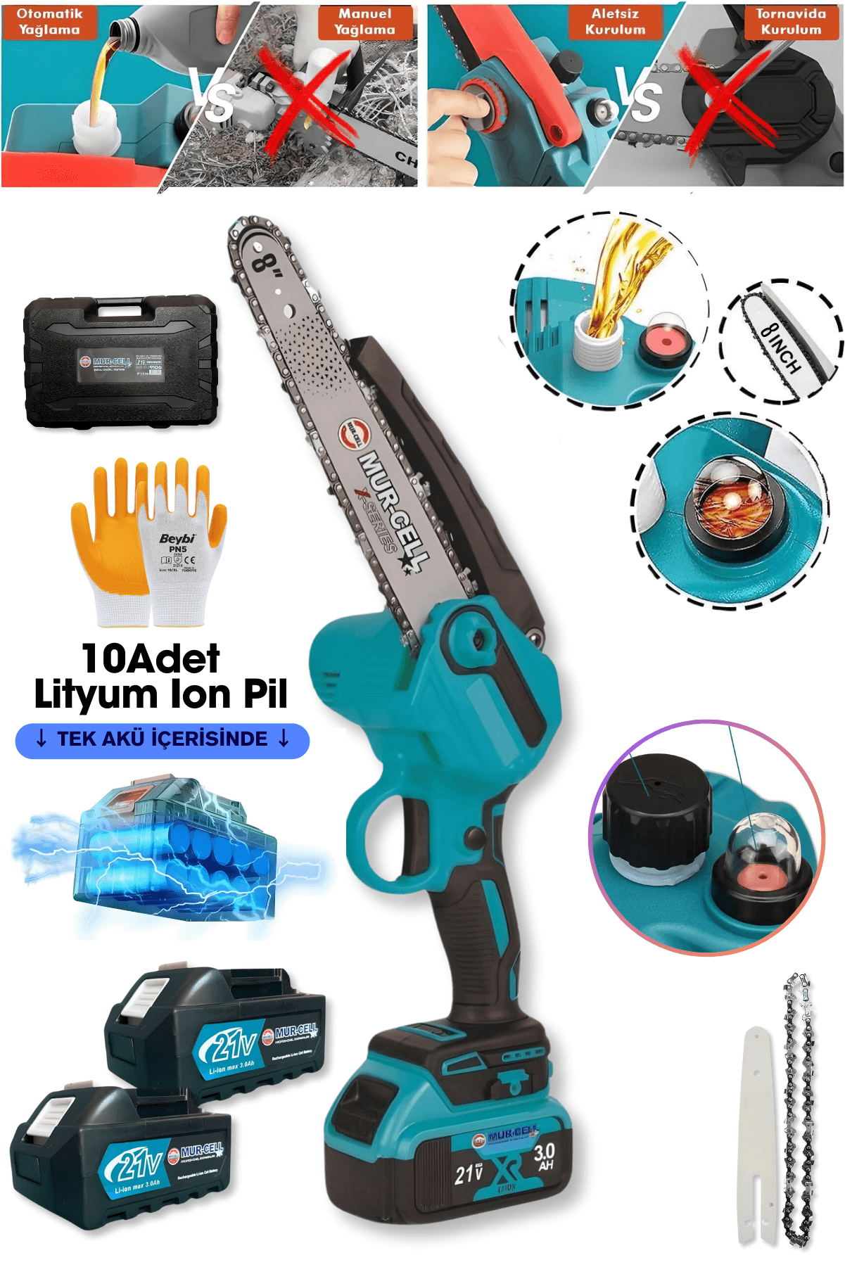 Dager DGR-4191 Kömürsüz 21 V 3 Ah Li-Ion Çift Akülü Şarjlı El Testeresi Dal Budama Dal Kesme Testeresi 10 Pilli