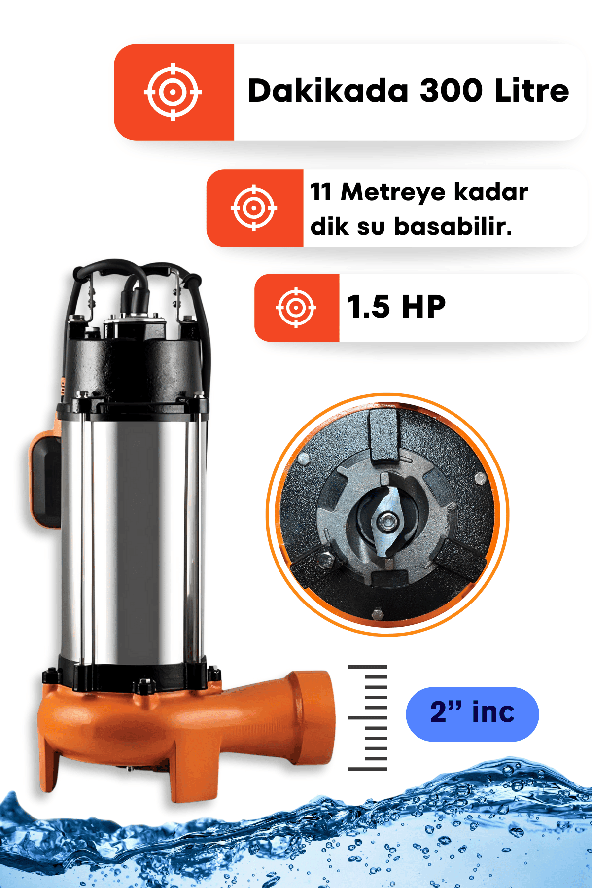 Dager V1100DF 1.5 Hp Parçalayıcı Bakır Sargılı Paslanmaz Bıçaklı Foseptik Dalgıç Pompa Kirli Su Dalgıç 2 İnç - Hediye Set