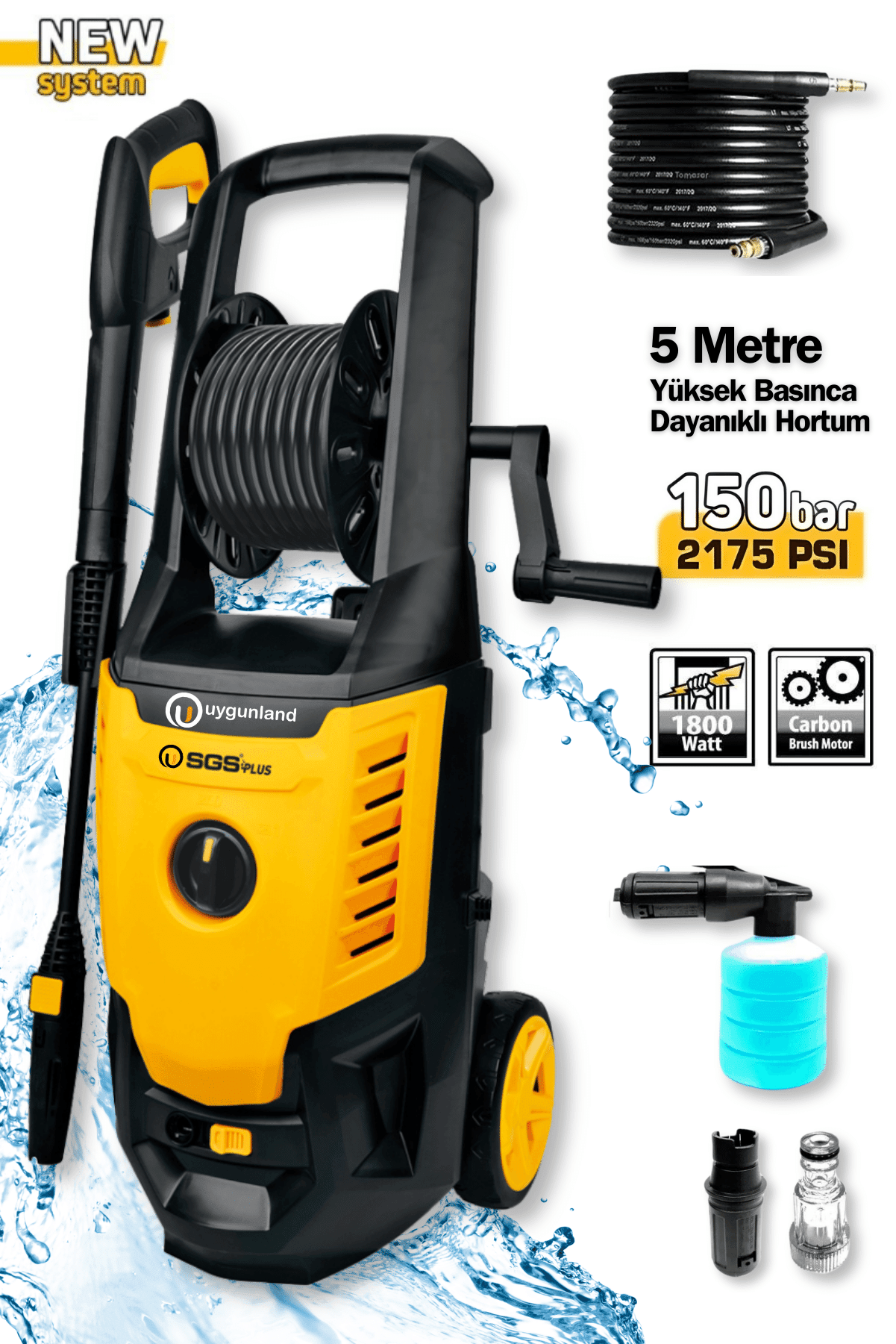 Sgs Plus Profesyonel 150 Bar 1800 Watt Yüksek Basınçlı Bahçe ve Oto Yıkama Makinesi Yeni Sistem