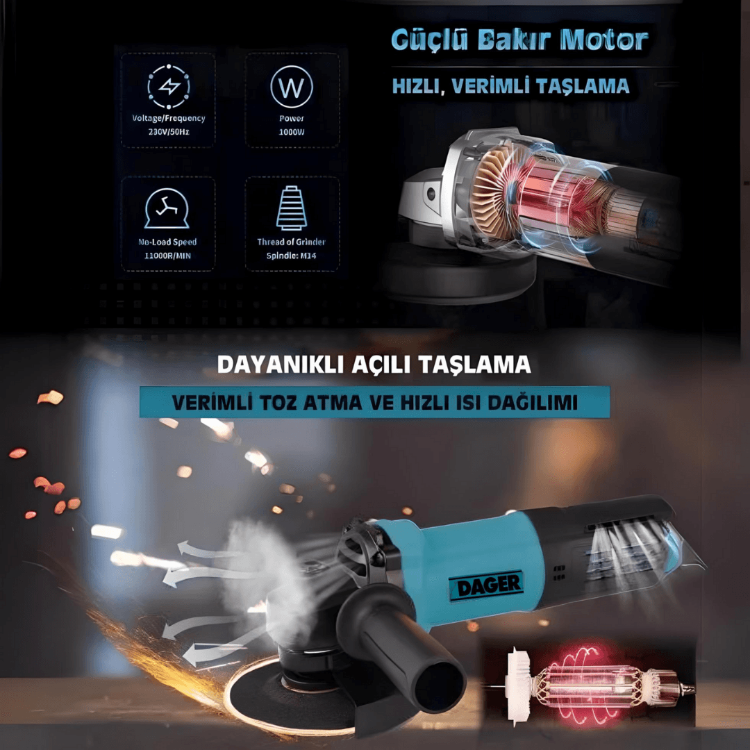 DAGER 550 W 125 Mm Bakır Sargılı Spiral Avuç Taşlama Makinası İnox Kesici ve Sunta Kesme HEDİYE
