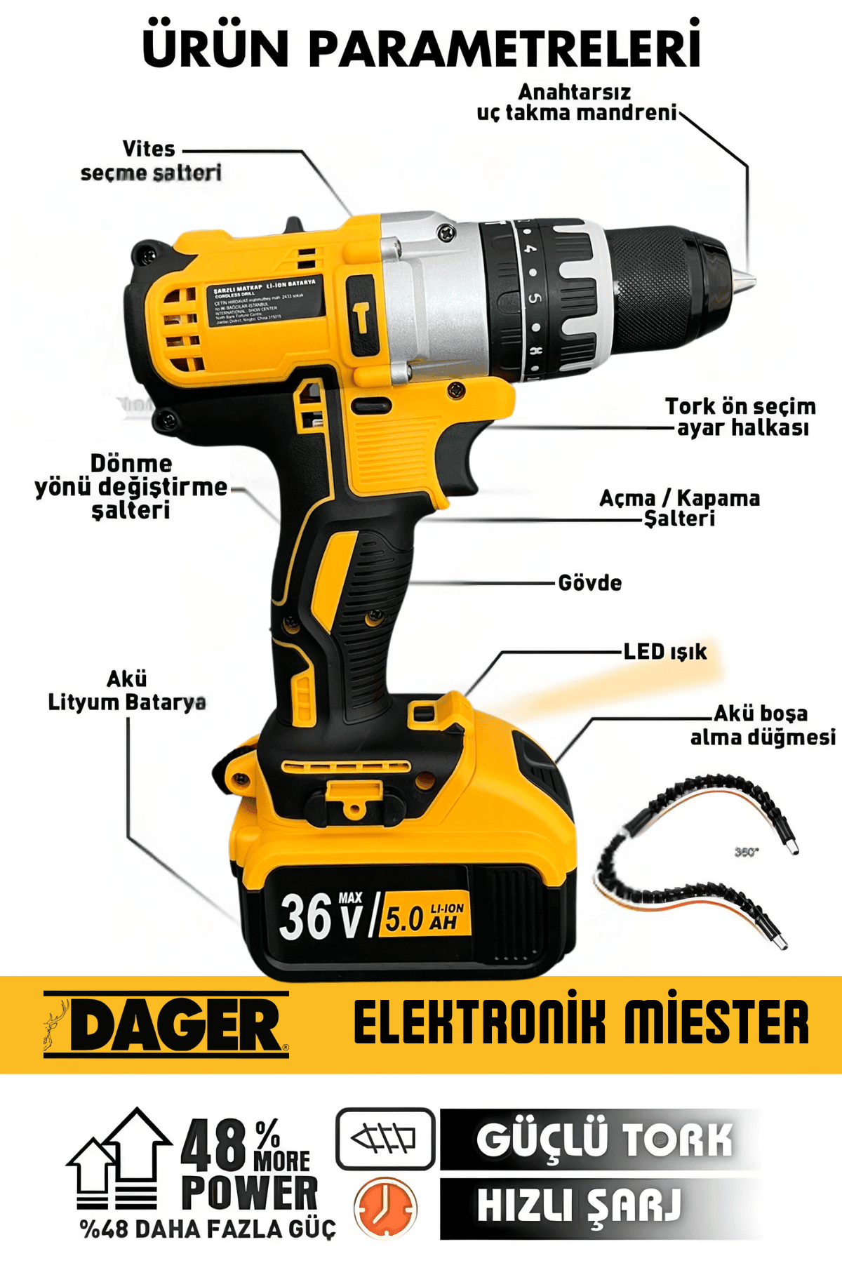 Dager Model S Darbeli Matkap 36 V 5 Ah Metal Şanzıman Çift Akülü Şarjlı Matkap Vidalama 30 Parça Set + Pas Sökücü Hediye