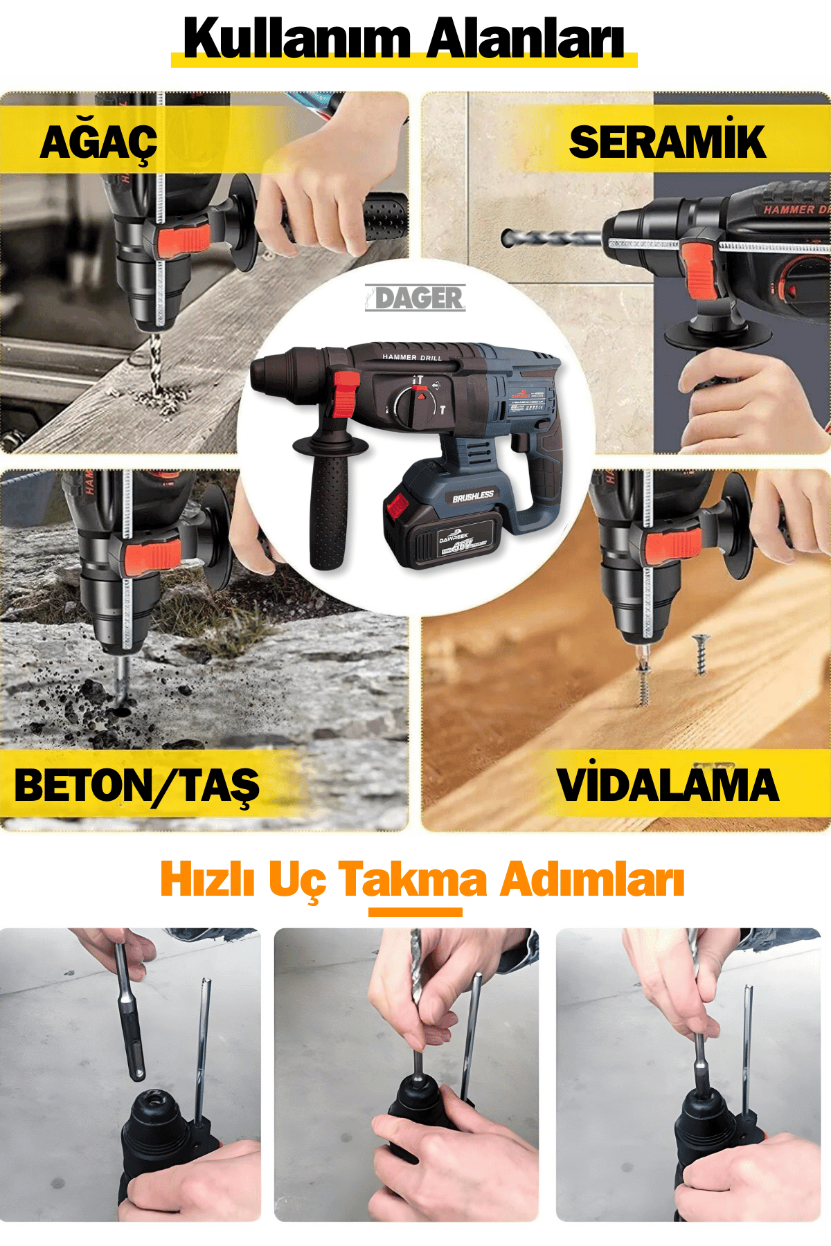 Dager DGR-4140 Kömürsüz 36 V 5 Ah Çift Akülü Şarjlı 3 Fonksiyon Kırıcı-Delici Hilti Matkap Setli + Pas Sökücü