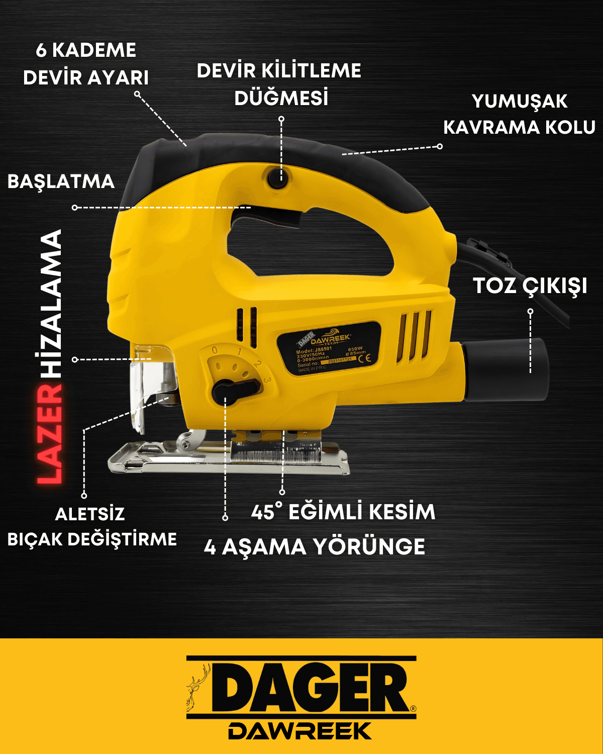 Dager DGR-1720 Lazer Hizalamalı 650 W Bakır Sargılı 6 Kademe Devir Ayarlı Otomatik Dekupaj Testere + 5 Uç