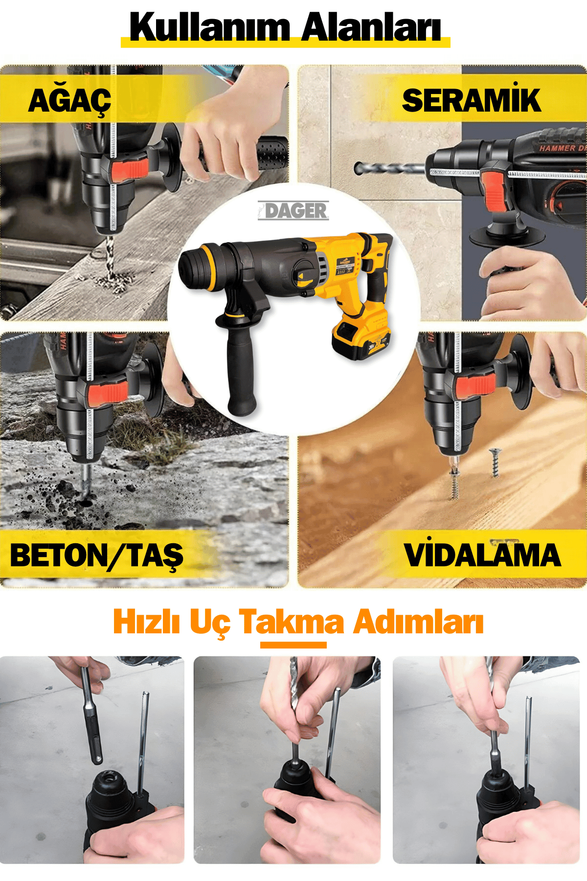 Dager DGR-5142 Kömürsüz 36 V 5 Ah Çift Akülü Şarjlı 3 Fonksiyon Kırıcı-Delici Hilti Matkap Setli + Pas Sökücü