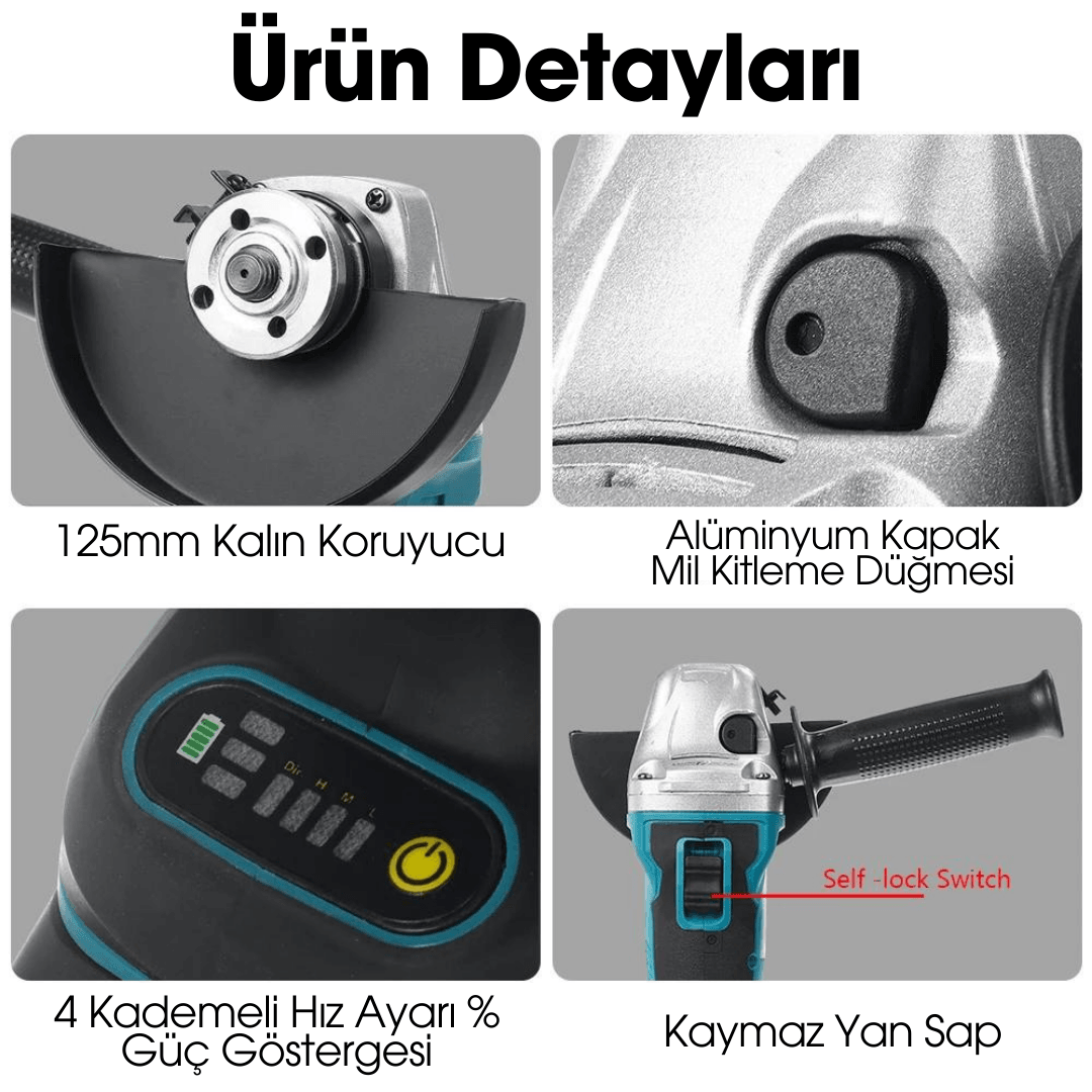 Dager EQE 24 V 5 Ah Çift Akülü Kömürsüz Motor 115mm Şarjlı Avuç Taşlama Makinesi - İnox Kesici ve Sunta Kesme Hediye