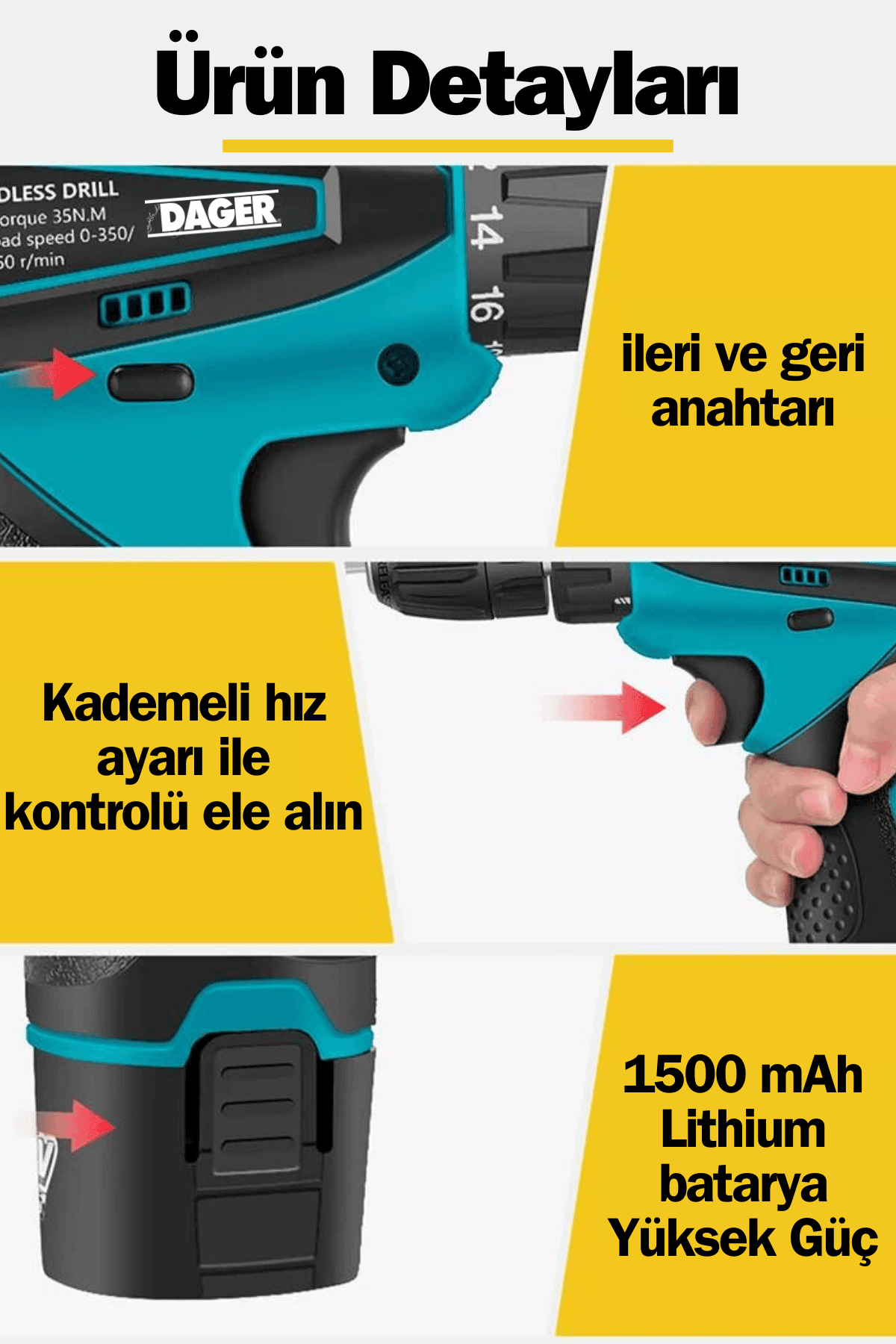 Dager 12 V Şarjlı Matkap 1.5 Ah Lion Armut Batarya Metal Şanzıman Çift Akülü Vidalama 24 Parça Set + Pas Sökücü