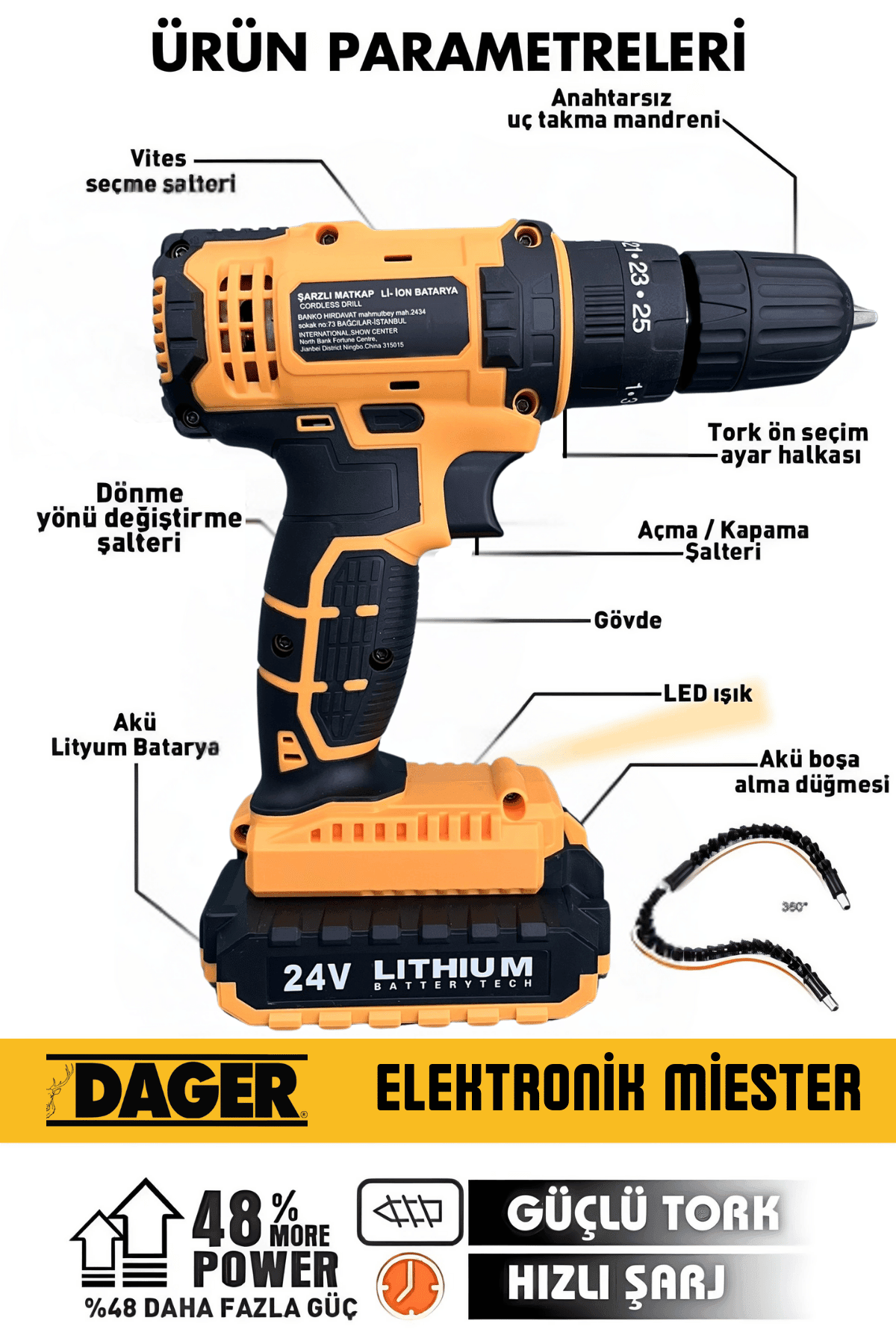 Dager Model E Darbeli Matkap 24 V 5 Ah Metal Şanzıman Çift Akülü Şarjlı Matkap Vidalama 24 Parça Set + Pas Sökücü