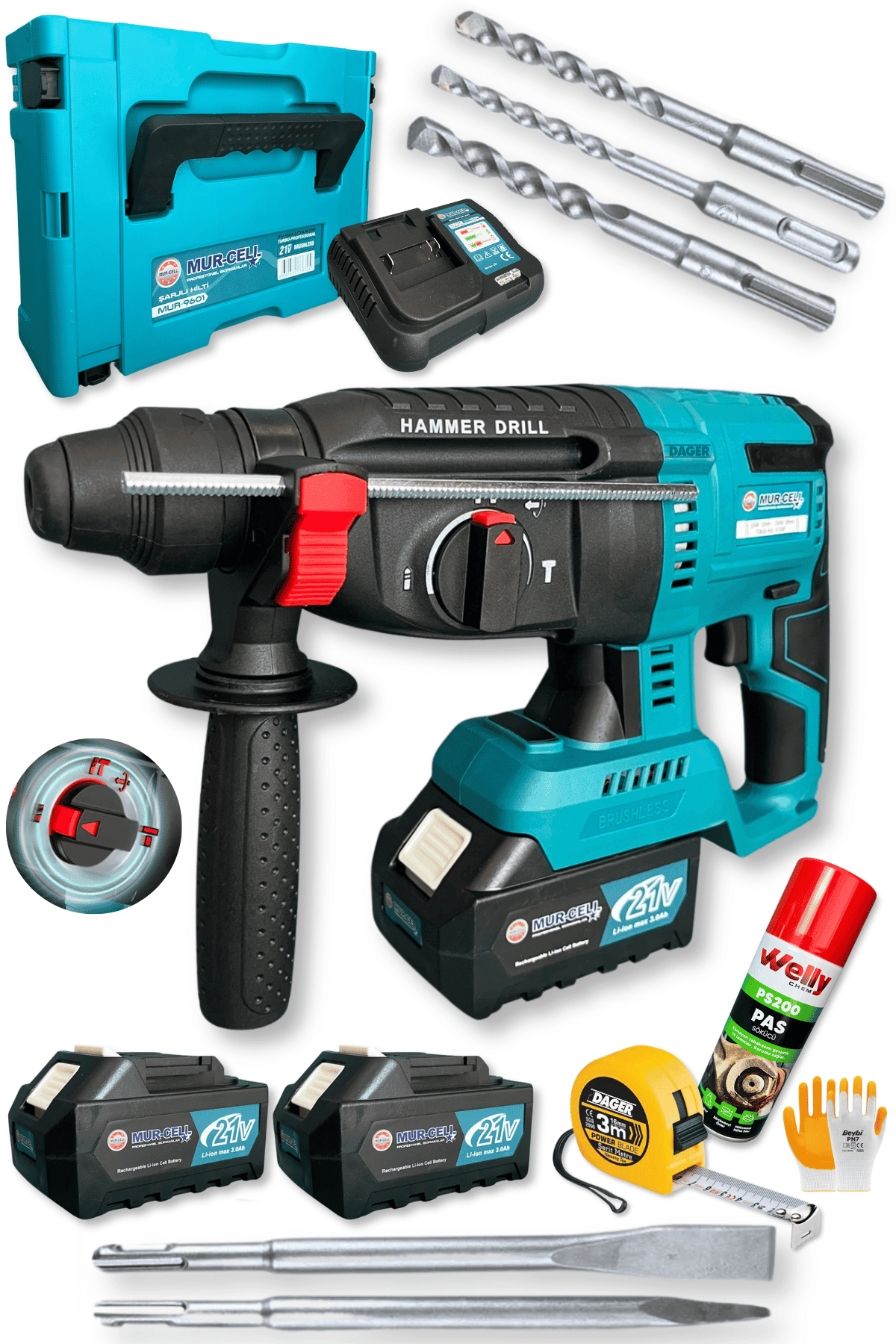 Dager DGR-4144 Kömürsüz 21 V 3 Ah Çift Akülü Şarjlı 3 Fonksiyon Kırıcı-Delici Hilti Matkap Setli + Pas Sökücü