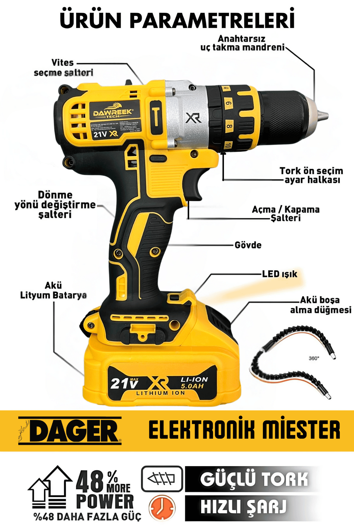 Dager Mark III Max Darbeli Matkap 21 V 5 Ah Çelik Mandren Çift Akülü Şarjlı Matkap Vidalama 50 Parça Set + Pas Sökücü