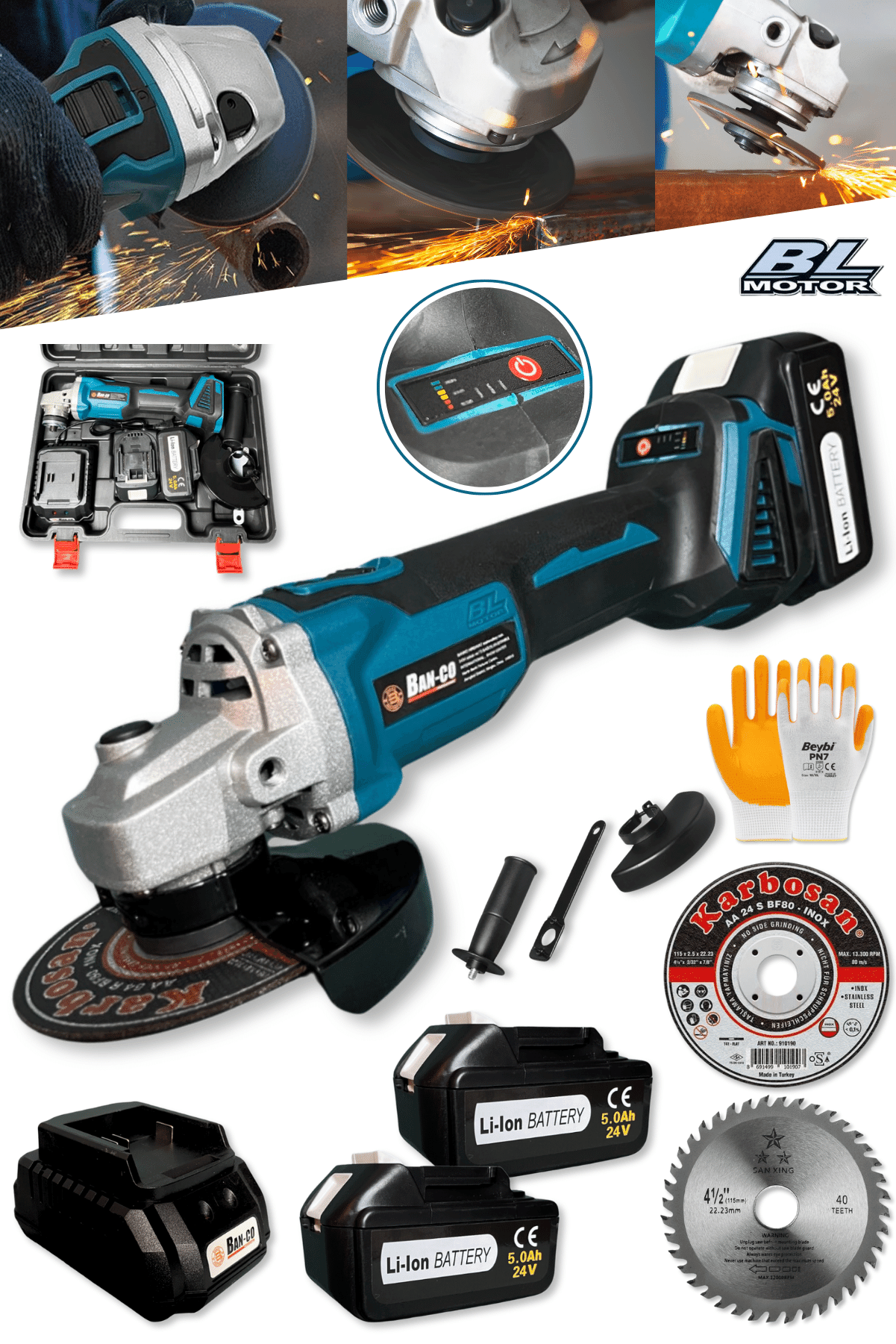 Dager EQE 24 V 5 Ah Çift Akülü Kömürsüz Motor 115mm Şarjlı Avuç Taşlama Makinesi - İnox Kesici ve Sunta Kesme Hediye