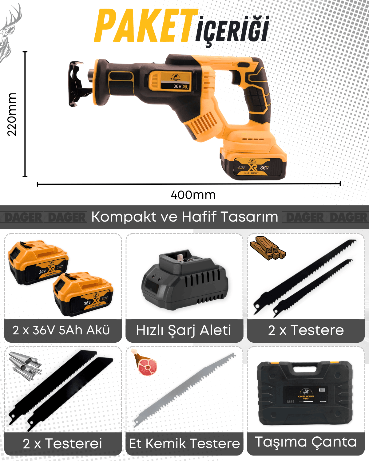 Dager 4172 Bakır Sargılı 36 V 5 Ah Çift Akülü Şarjlı Tilki Kuyruğu Panter Testere Tuğla Yutong Et Kemik Kesme 5 Bıçak