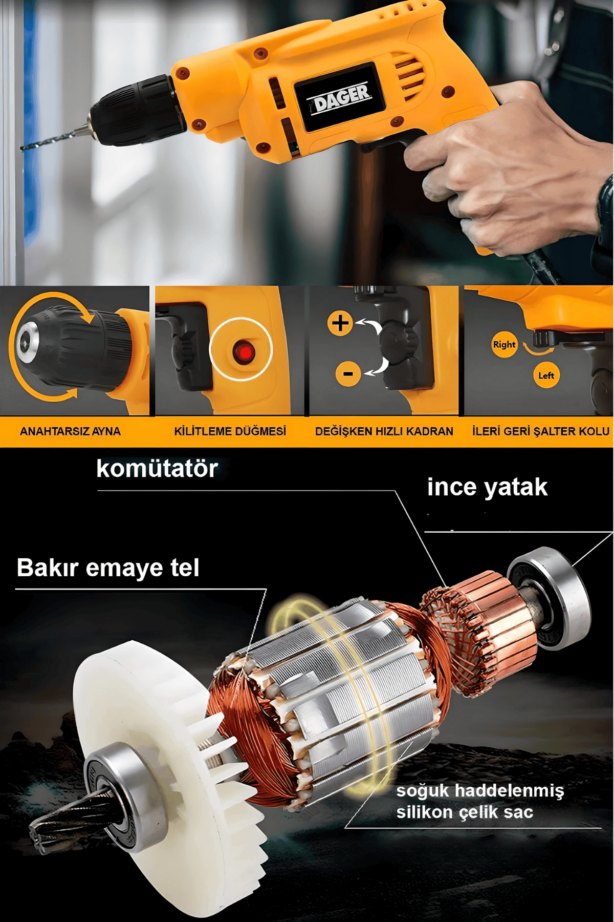 Dager DGR-5710 Darbesiz Matkap 580 W Metal Şanzıman Devir Ayarlı 10mm Elektrikli Matkap Vidalama Setli + Pas Sökücü