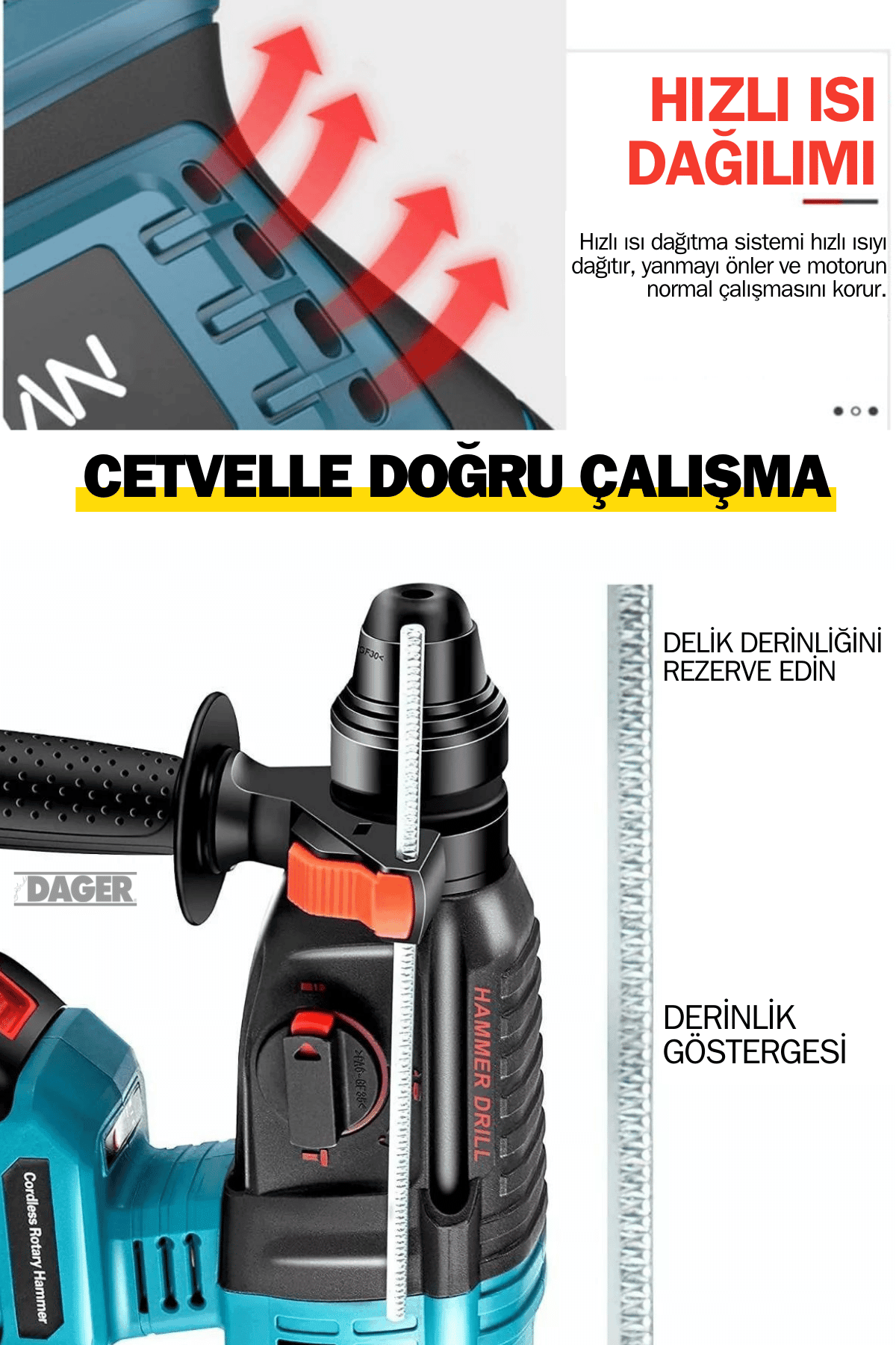 Dager DGR-4144 Kömürsüz 21 V 3 Ah Çift Akülü Şarjlı 3 Fonksiyon Kırıcı-Delici Hilti Matkap Setli + Pas Sökücü