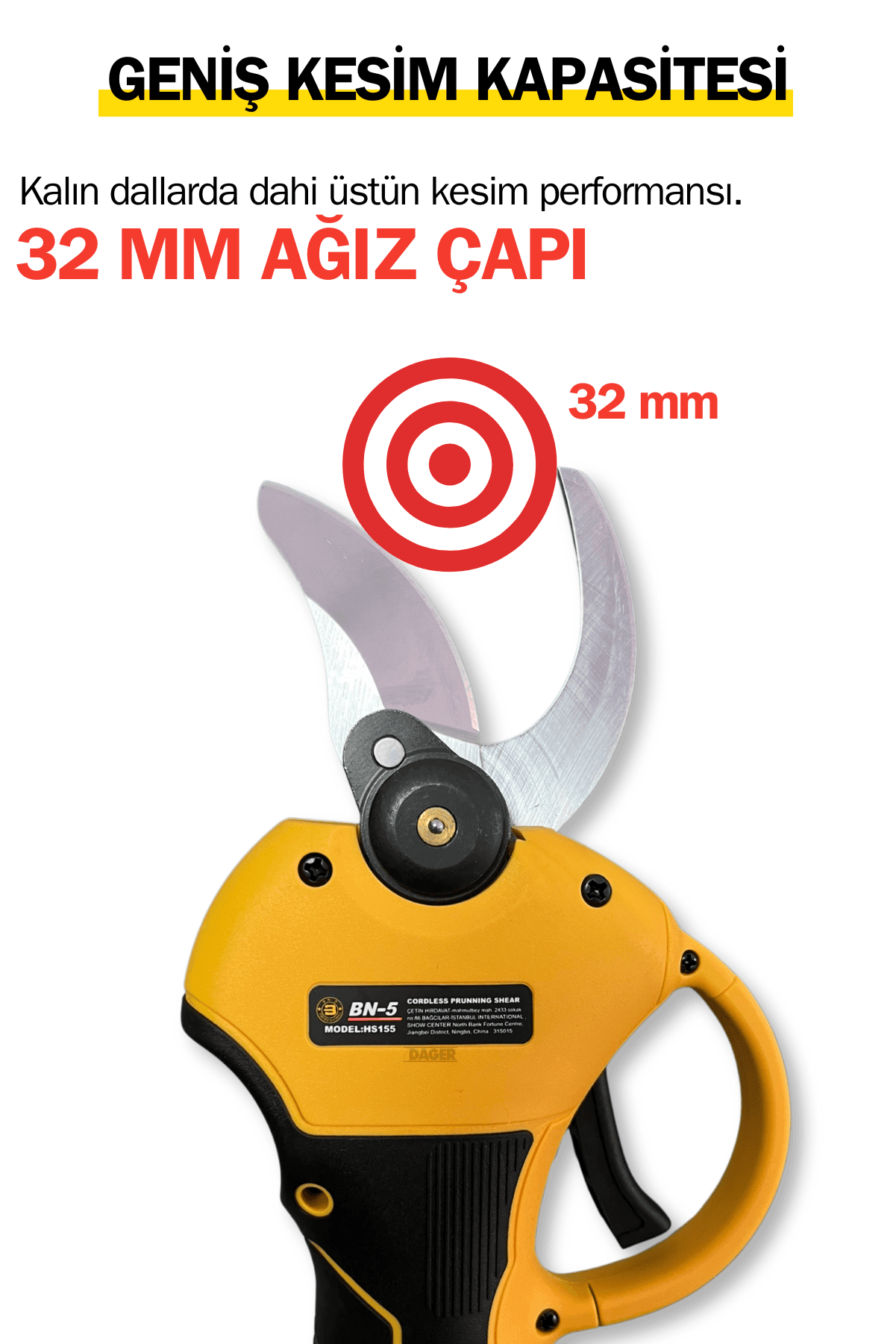 Dager DGR-4180 Kömürsüz 24 V 5 Ah Çift Akülü Çelik Şanzıman Şarjlı Dal Ağaç Kesme Bağ Budama Makası 32mm