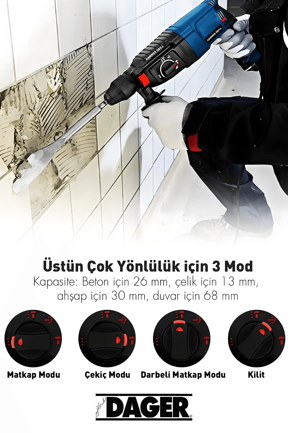 Dager GBH 2-26 Çelik Şanzıman Bakır Sargılı 800 W Kırıcı Delici Hilti Matkap + 5 Adet Uç Yedek Çelik Mandren Pas Sökücü Hediye