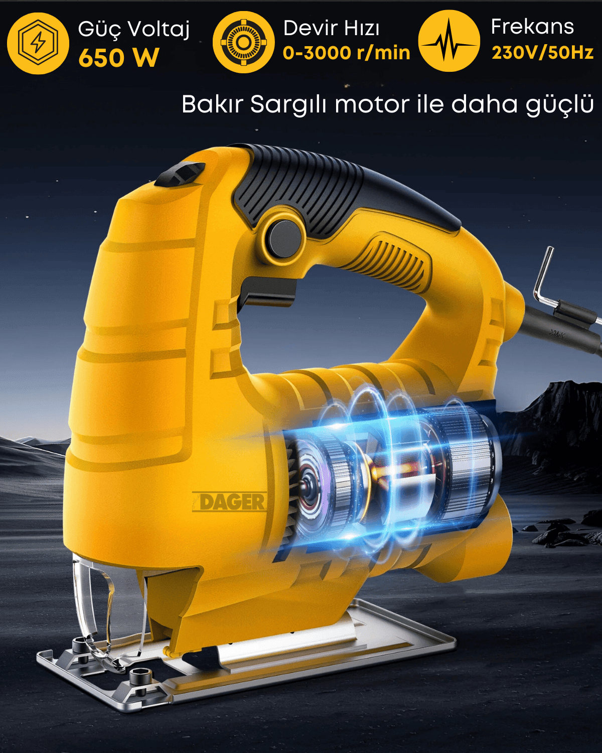 Dager DGR-1720 Lazer Hizalamalı 650 W Bakır Sargılı 6 Kademe Devir Ayarlı Otomatik Dekupaj Testere + 5 Uç