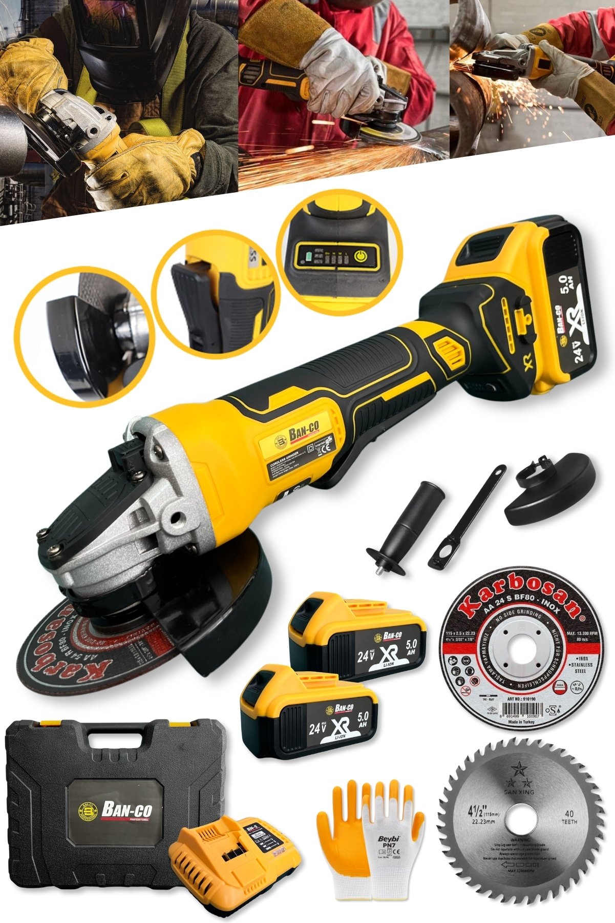 Dager EQS 24 V 5 Ah Çift Akülü Kömürsüz Motor 115mm Şarjlı Avuç Taşlama Makinesi - İnox Kesici ve Sunta Kesme Hediye