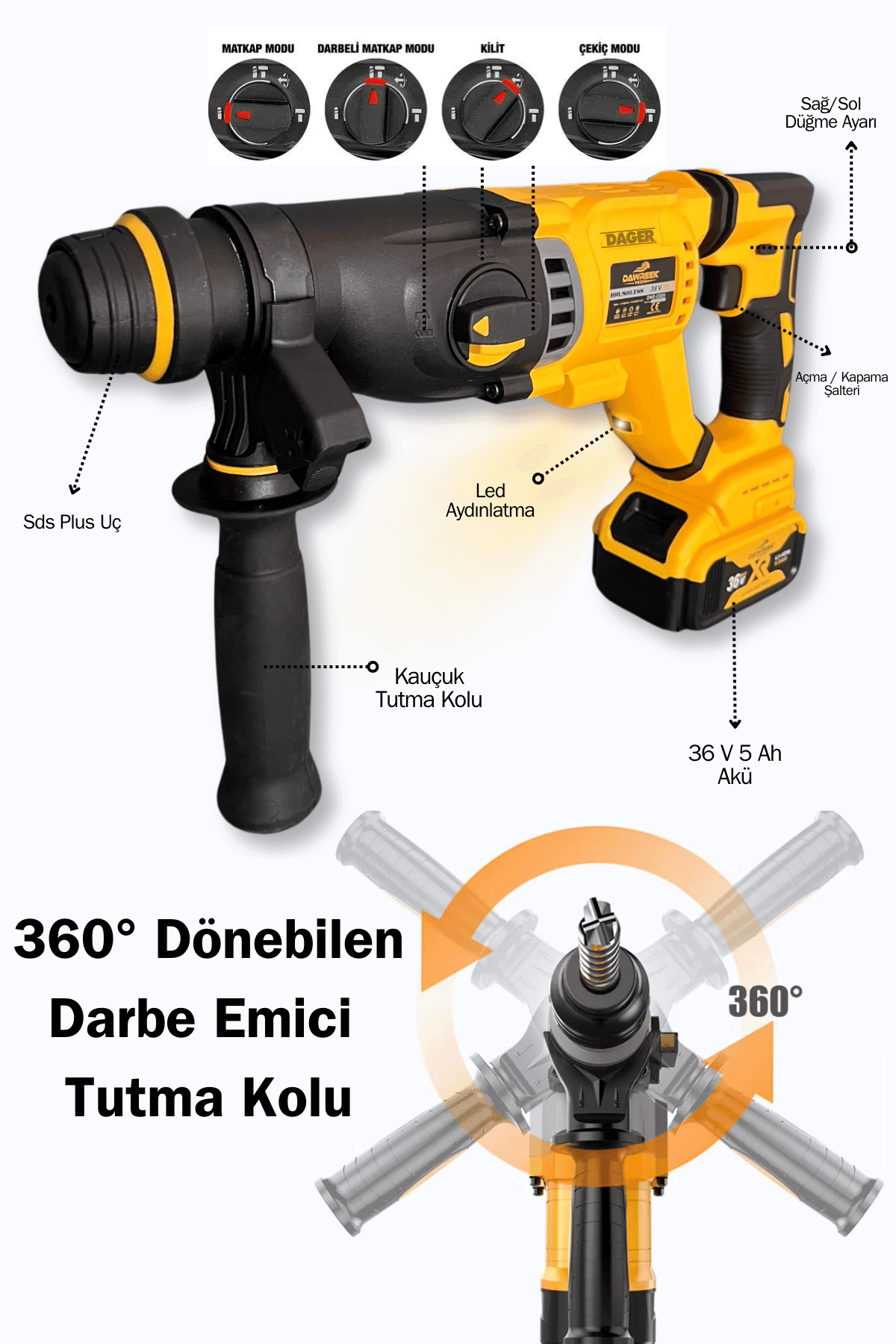 Dager DGR-5142 Kömürsüz 36 V 5 Ah Çift Akülü Şarjlı 3 Fonksiyon Kırıcı-Delici Hilti Matkap Setli + Pas Sökücü