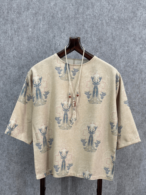 Oversize Fakir Kol Yıkamalı Bohem Pamuk Dokuma Tshirt