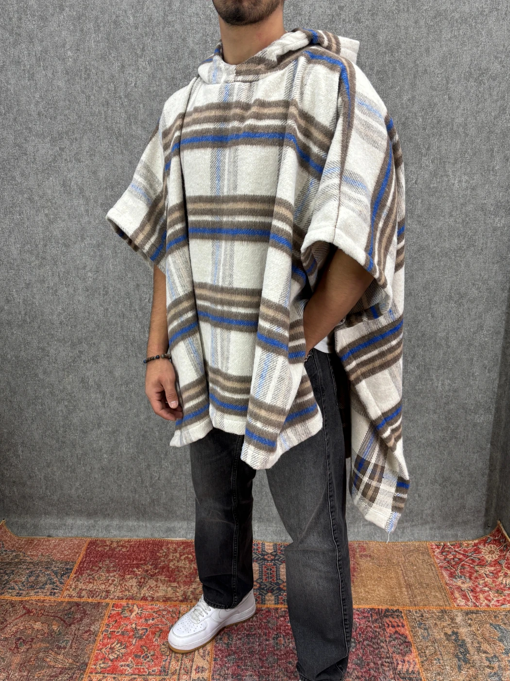 Oversize Kapüşonlu Desenli  Panço