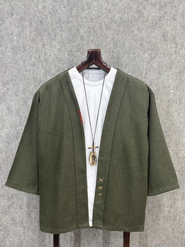 Oversize Fakir Kol Pamuklu El İşi Detaylı Haki Kimono