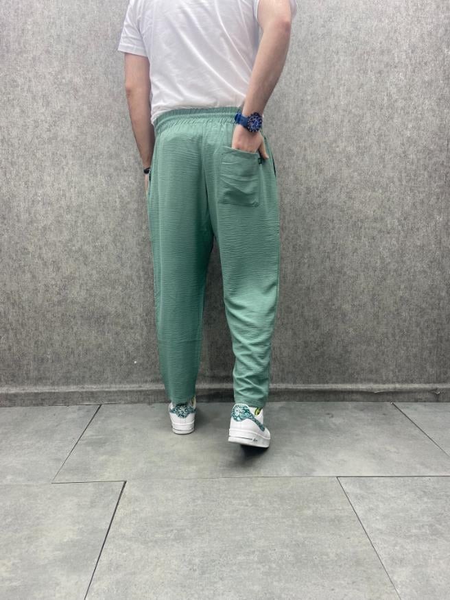 Rahat Kalıp  Beli Lastikli Bilek Paça Pamuk Viscon Yeşil Pantolon