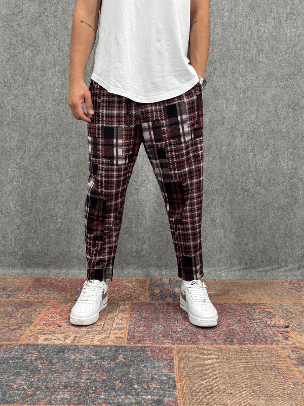 Beli Lastikli Ekose Desenli Baggy Pantolon