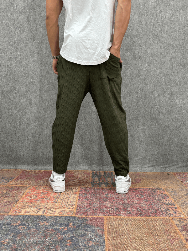 Beli Lastikli Bürümcük Kumaş Haki Baggy Pantolon
