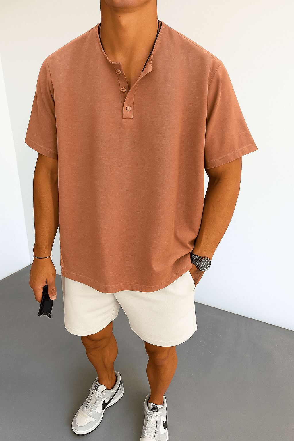 Oversize Nopeli Yırtmaç Detaylı Yarım Patlı Kiremit Pamuk Keten Tshirt