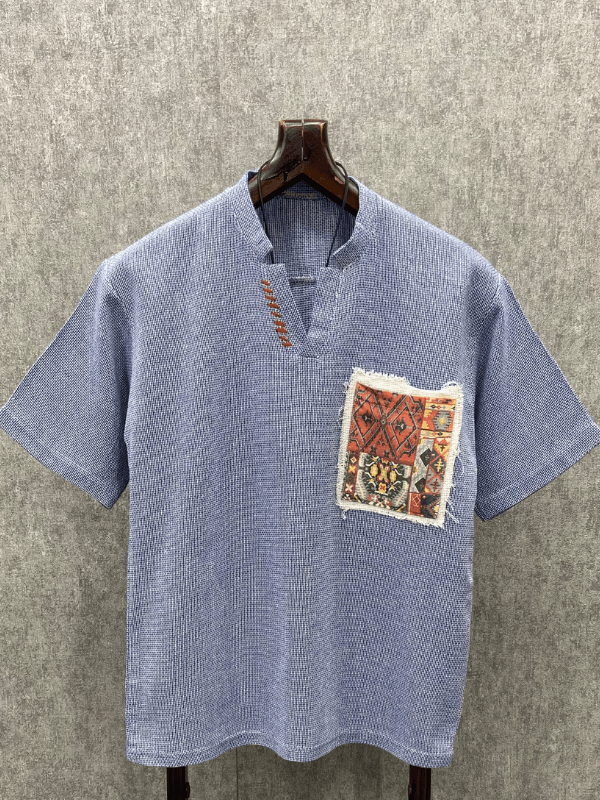 Oversize Bohem El İşi Detaylı Yıkamalı Mavi  Pamuk Keten Tshirt
